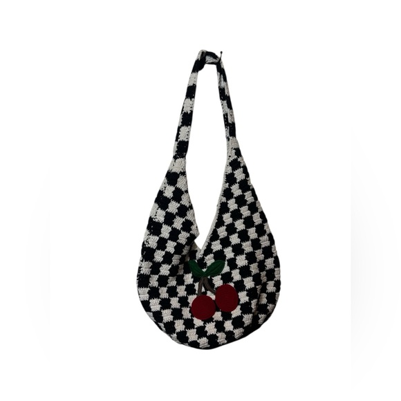 Handbags - Crochet bag purse cherry cherries checkered